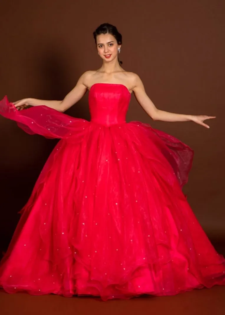 ---Abito da sposa e cerimonia rosso stile principessa realizzato in raso e organza a prezzo economico--