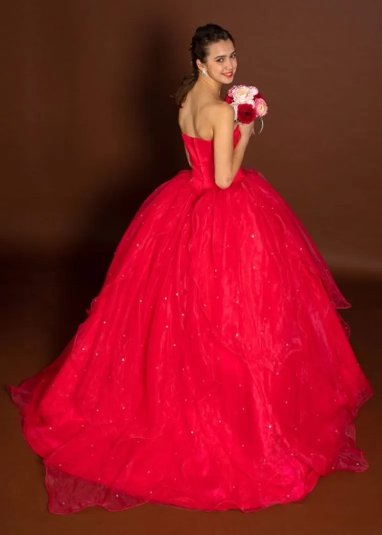 ---Abito da sposa e cerimonia rosso stile principessa realizzato in raso e organza a prezzo economico--