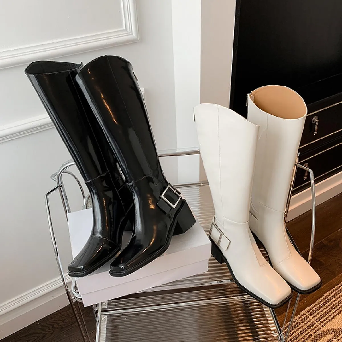 2023 stivali alti al ginocchio da donna autunno inverno moda fibbia vera pelle punta quadrata tacchi alti scarpe da festa casual