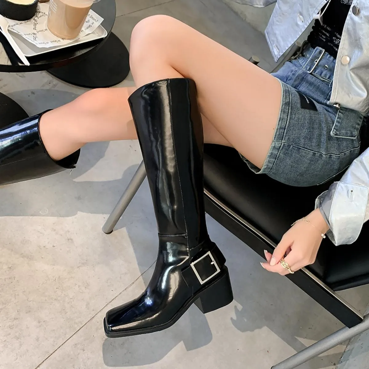 2023 stivali alti al ginocchio da donna autunno inverno moda fibbia vera pelle punta quadrata tacchi alti scarpe da festa casual