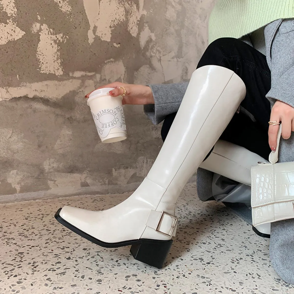 2023 stivali alti al ginocchio da donna autunno inverno moda fibbia vera pelle punta quadrata tacchi alti scarpe da festa casual