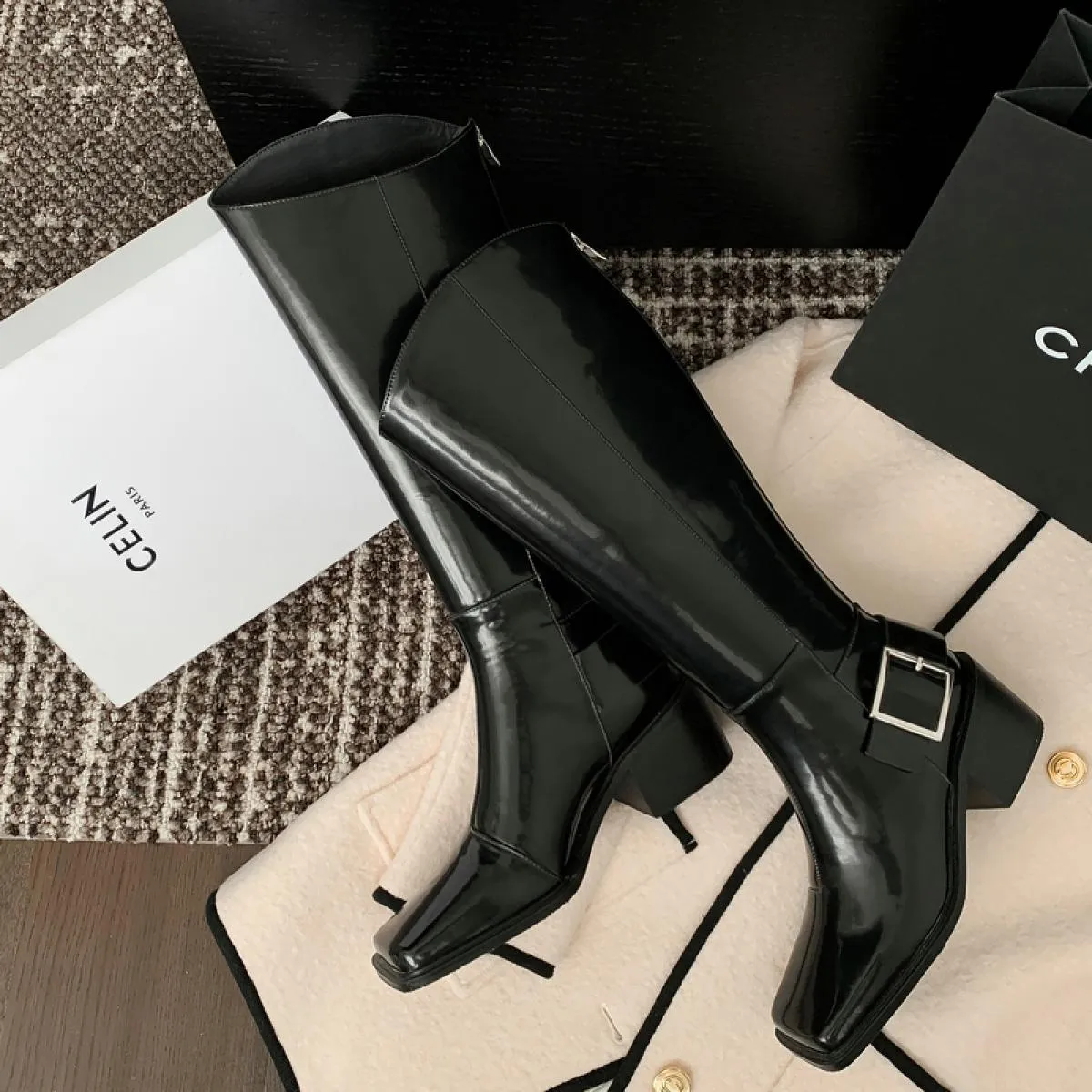 2023 stivali alti al ginocchio da donna autunno inverno moda fibbia vera pelle punta quadrata tacchi alti scarpe da festa casual