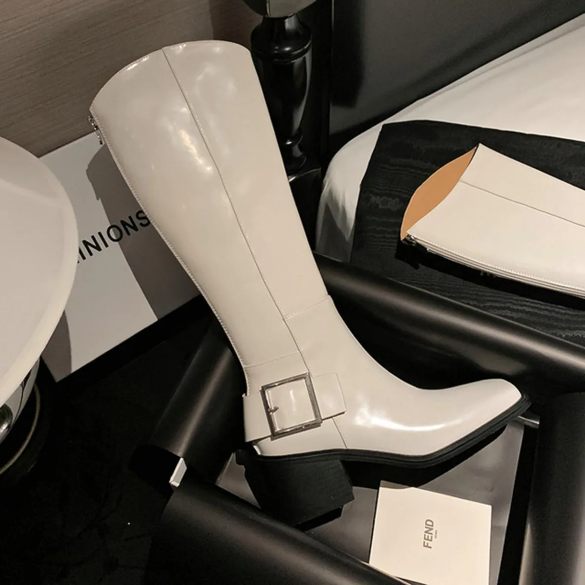 2023 stivali alti al ginocchio da donna autunno inverno moda fibbia vera pelle punta quadrata tacchi alti scarpe da festa casual