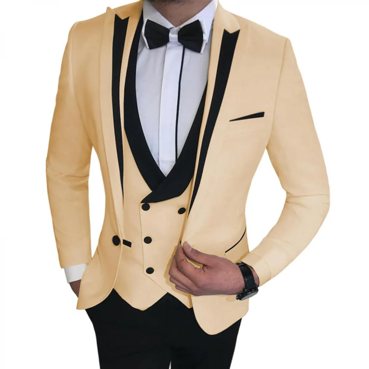 Abiti da uomo bianchi slim fit per lo sposo gilet doppiopetto in 3 pezzi giacca moda maschile con pantaloni neri smoking da spos