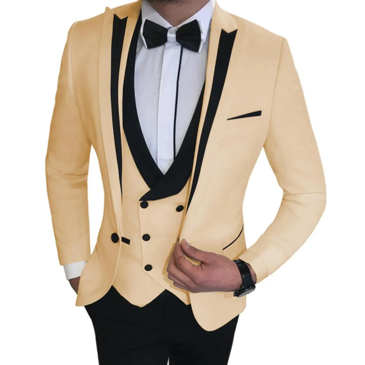Abiti da uomo bianchi slim fit per lo sposo gilet doppiopetto in 3 pezzi giacca moda maschile con pantaloni neri smoking da spos