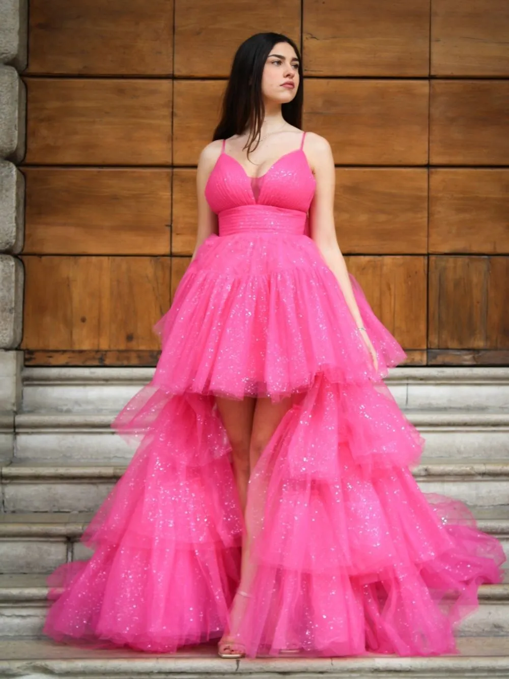 Abito cerimonia corto tulle brilli super coda