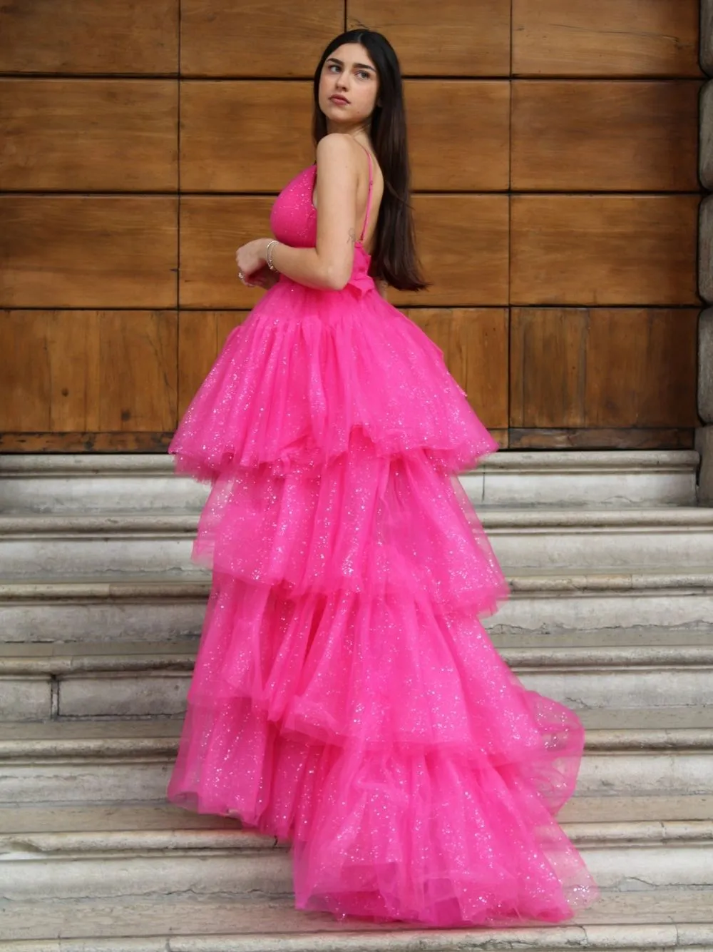 Abito cerimonia corto tulle brilli super coda