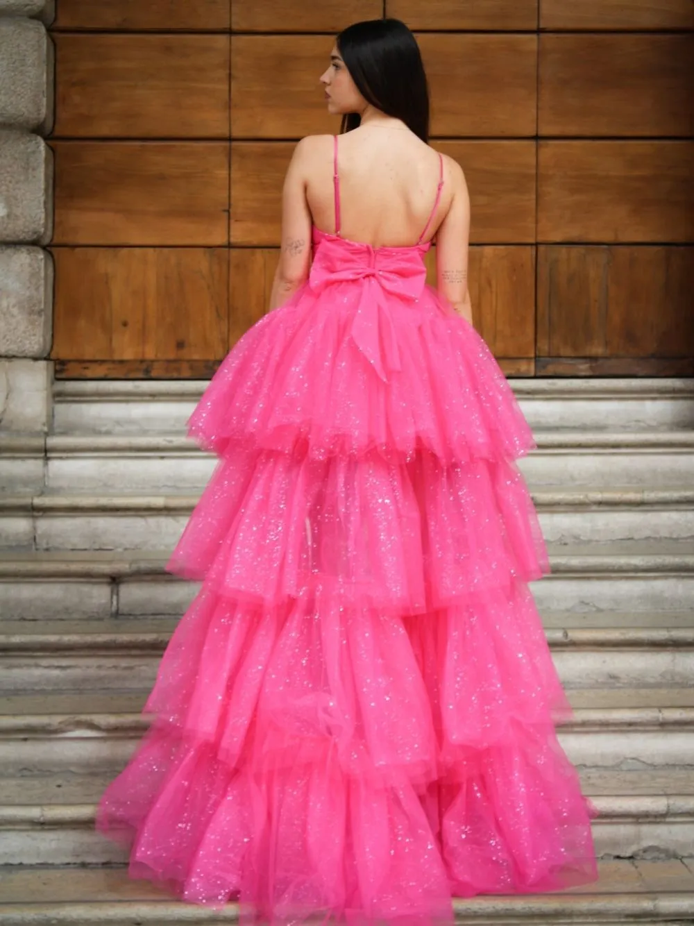 Abito cerimonia corto tulle brilli super coda