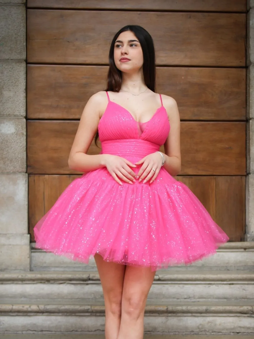Abito cerimonia corto tulle brilli super coda