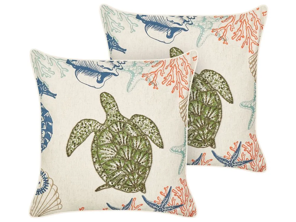 ALGAE Set of 2 Decorative Cushions Animal Pattern Beige 45 x 45 cm Linen