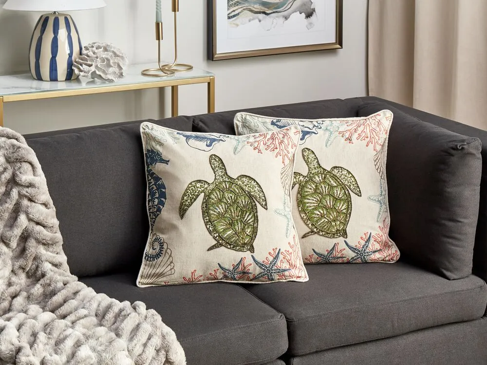 ALGAE Set of 2 Decorative Cushions Animal Pattern Beige 45 x 45 cm Linen