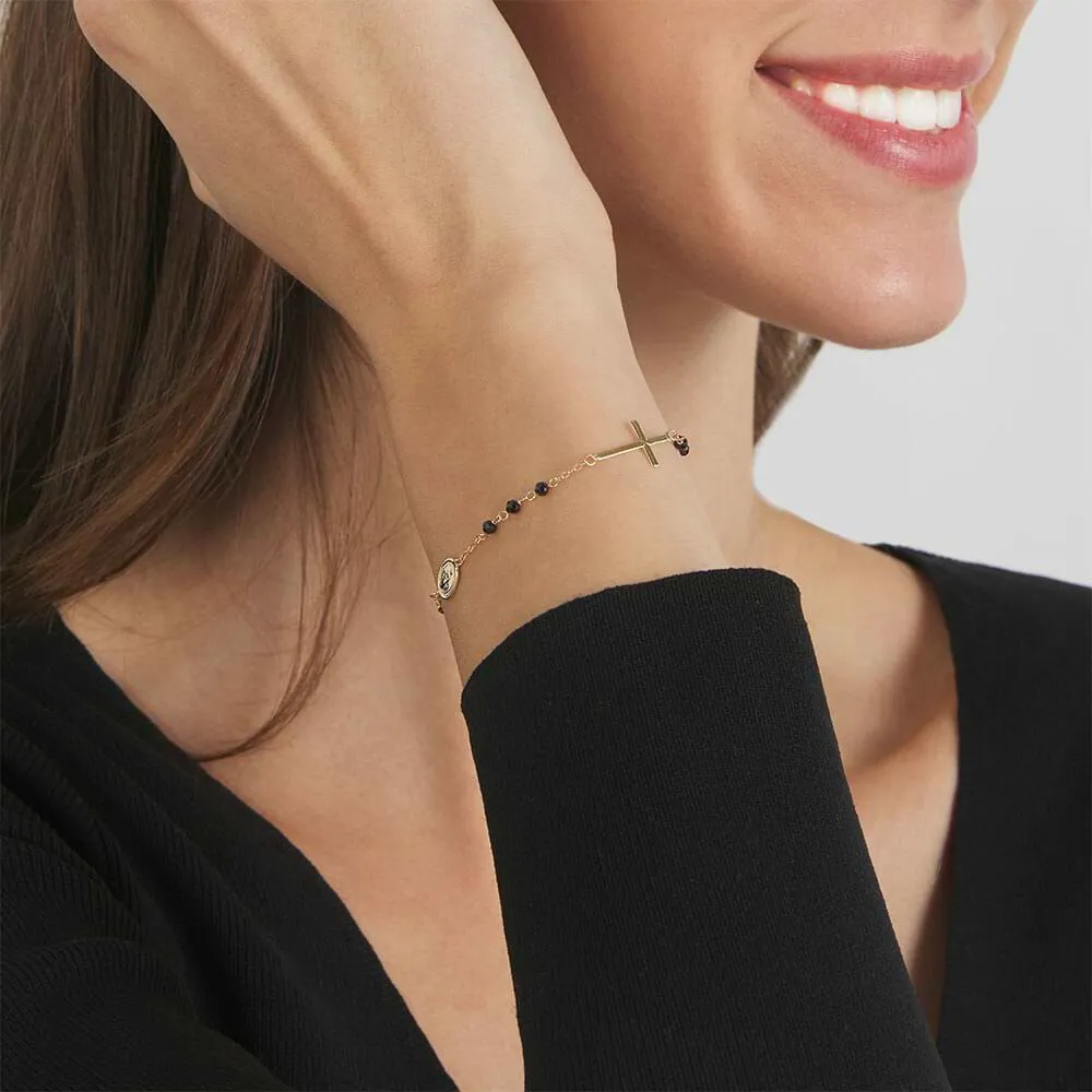 Bracciale Rosario Croce Holy Oro Giallo 375/1000 Spinello Nero 16 + 2 cm 1415832