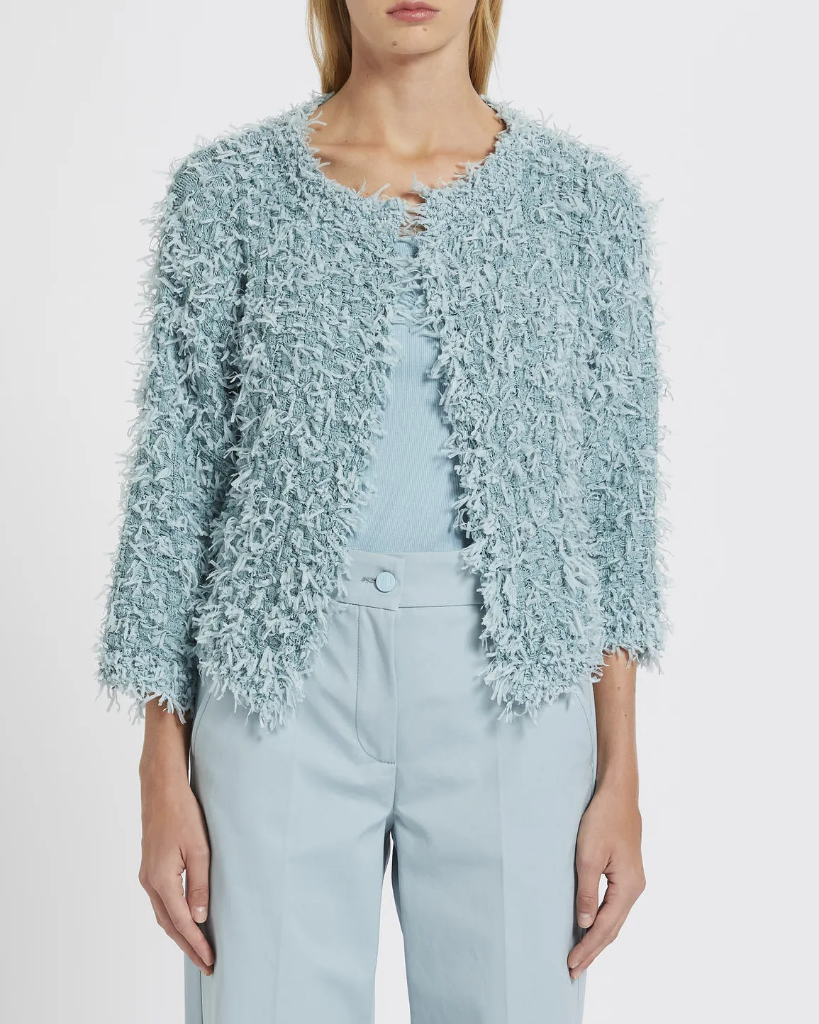 Cardigan acqua in maglia con micro frangette applicate all over Linea MONOCHROME
