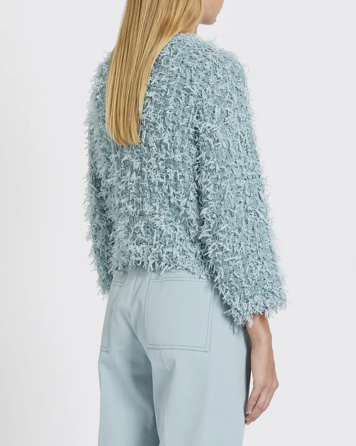Cardigan acqua in maglia con micro frangette applicate all over Linea MONOCHROME
