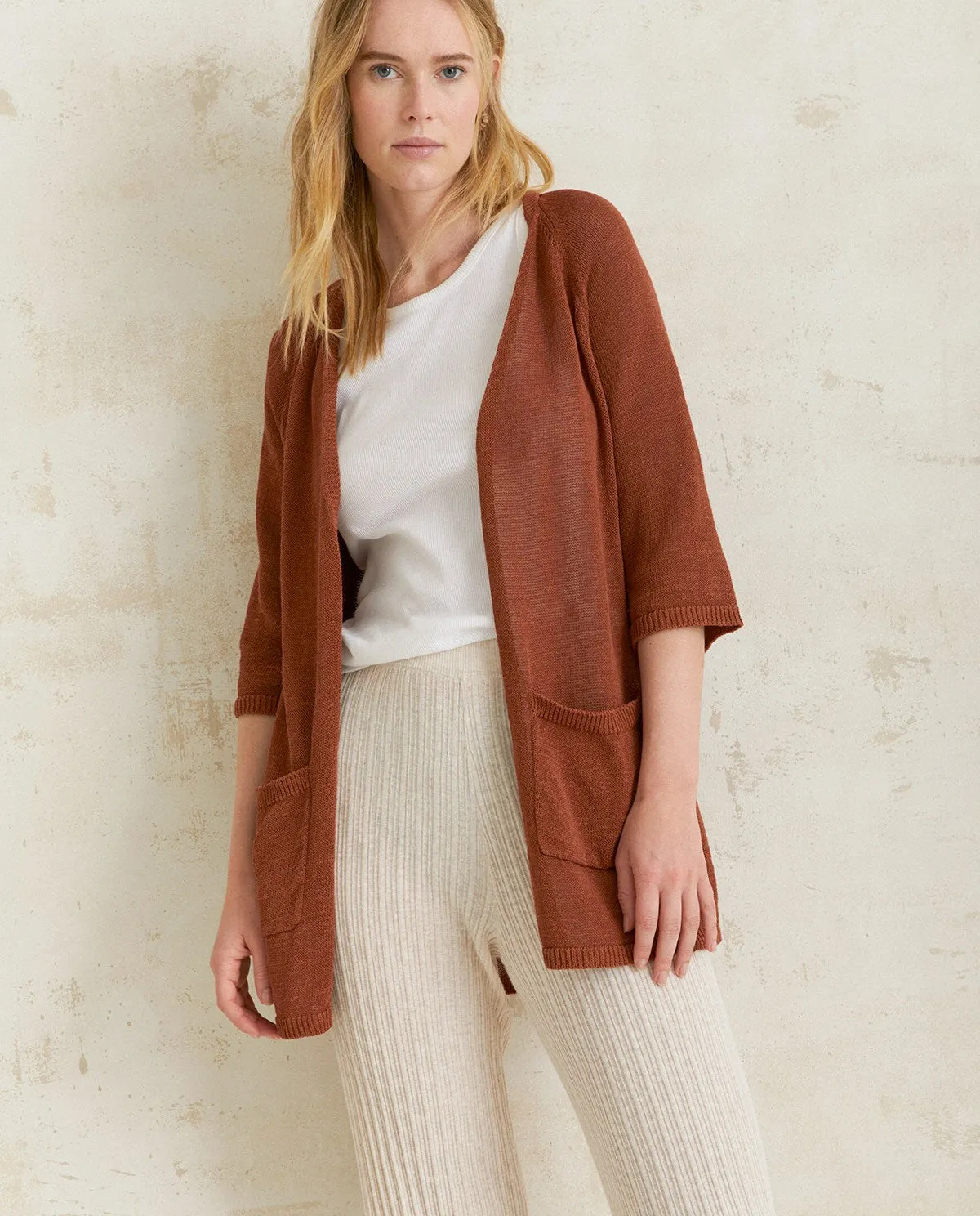 CARDIGAN IN LINO RIGATO CIOCCOLATO