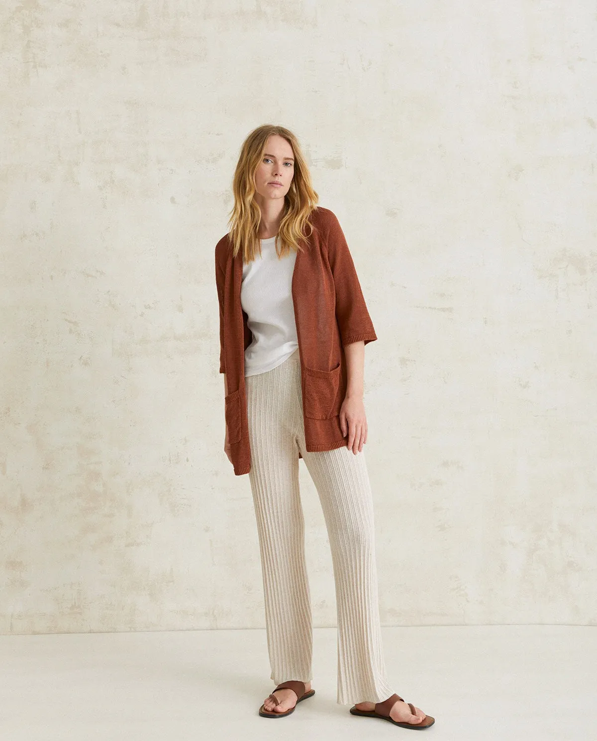 CARDIGAN IN LINO RIGATO CIOCCOLATO