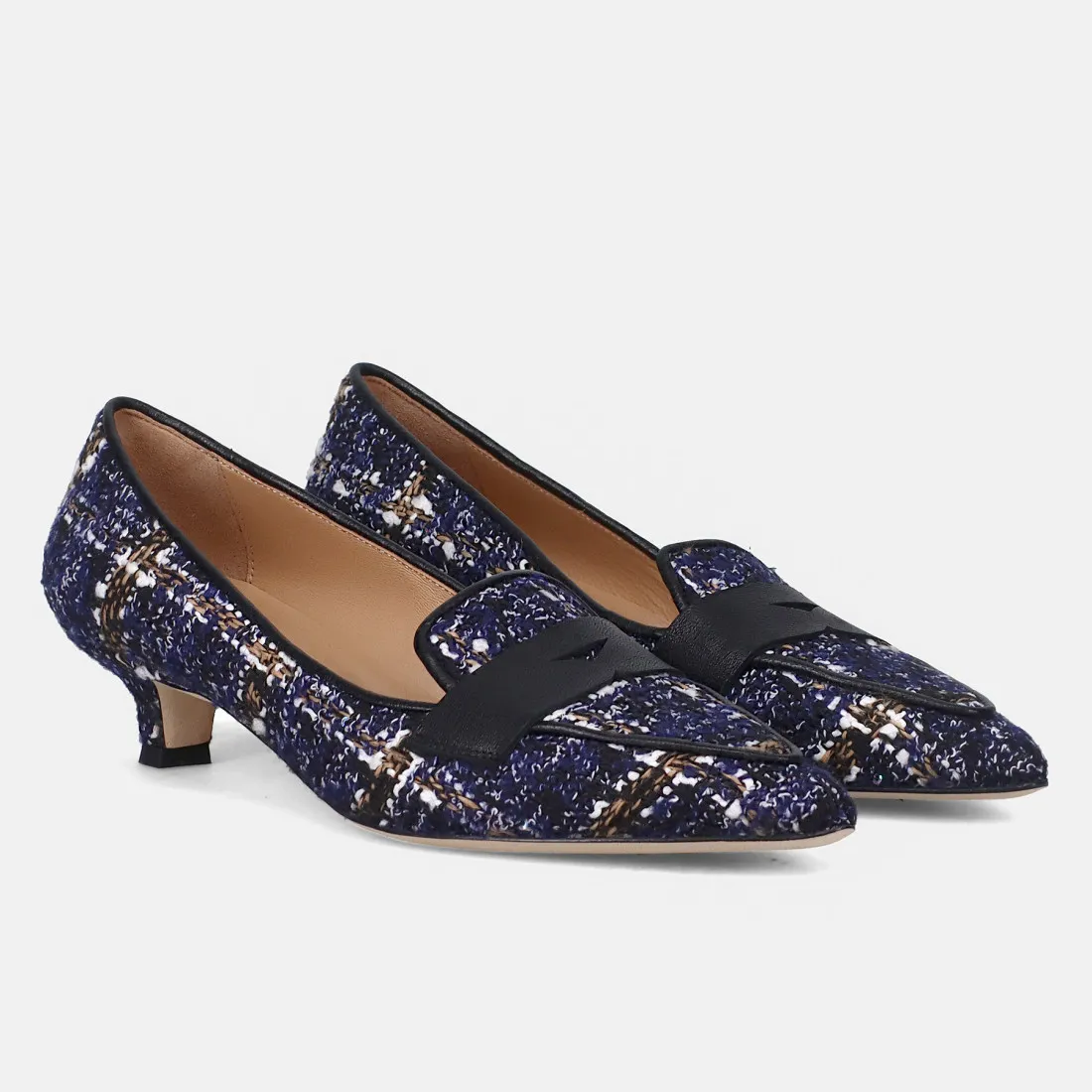 Elegante mocassino Prosperine in lana blu con tacco rocchetto