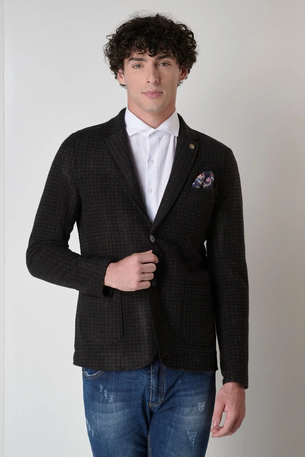 Giacca monopetto Sartoriale in lana quadretto Blu e Moro con pochette in tessuto V2