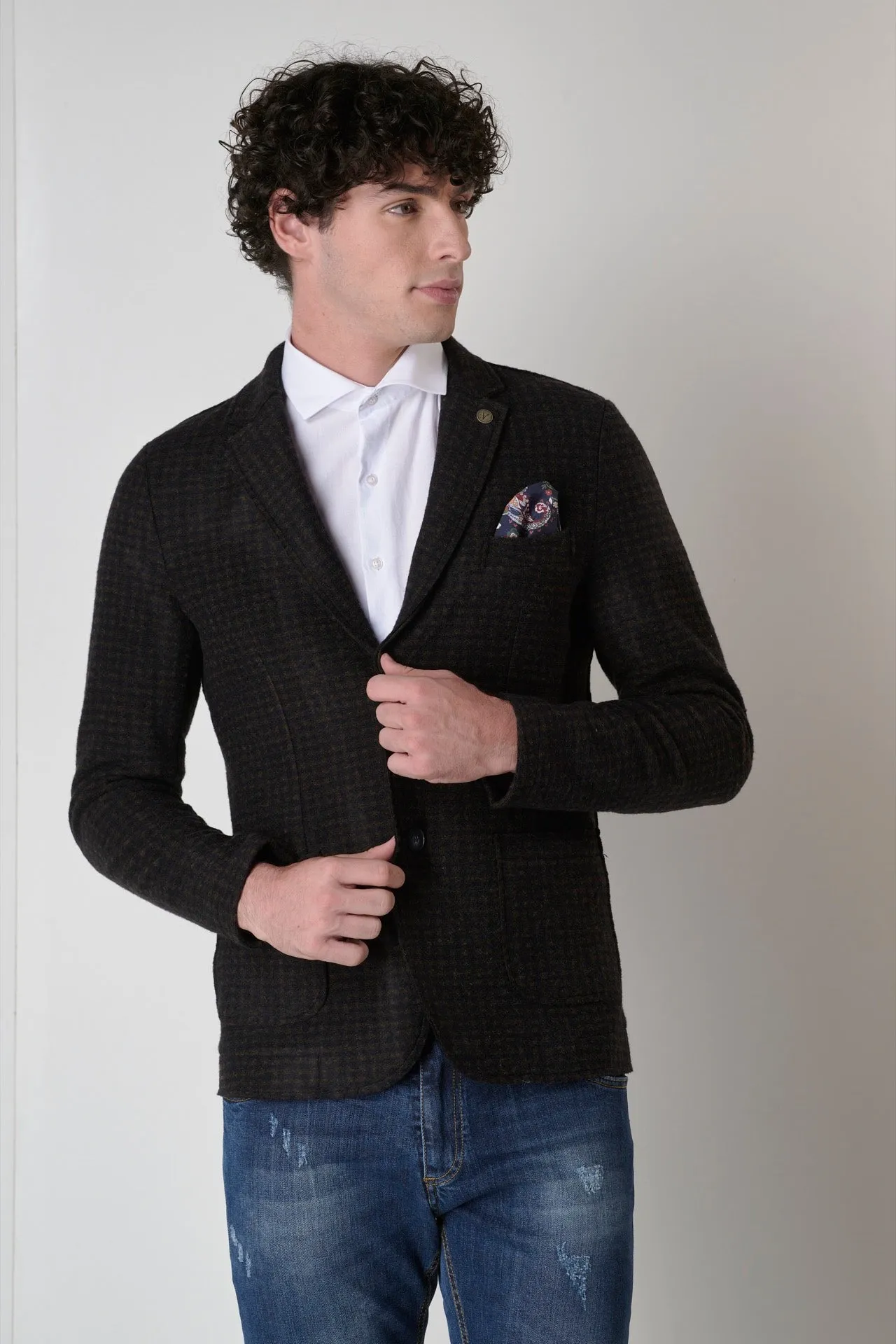 Giacca monopetto Sartoriale in lana quadretto Blu e Moro con pochette in tessuto V2