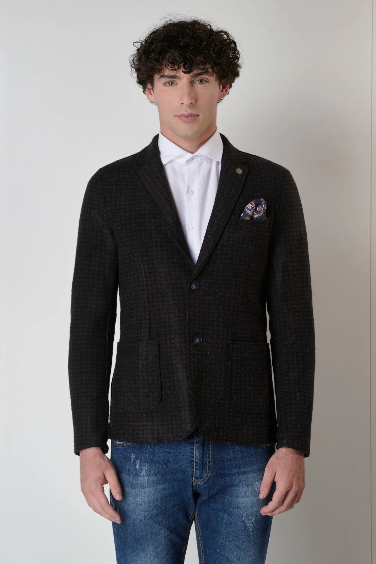 Giacca monopetto Sartoriale in lana quadretto Blu e Moro con pochette in tessuto V2