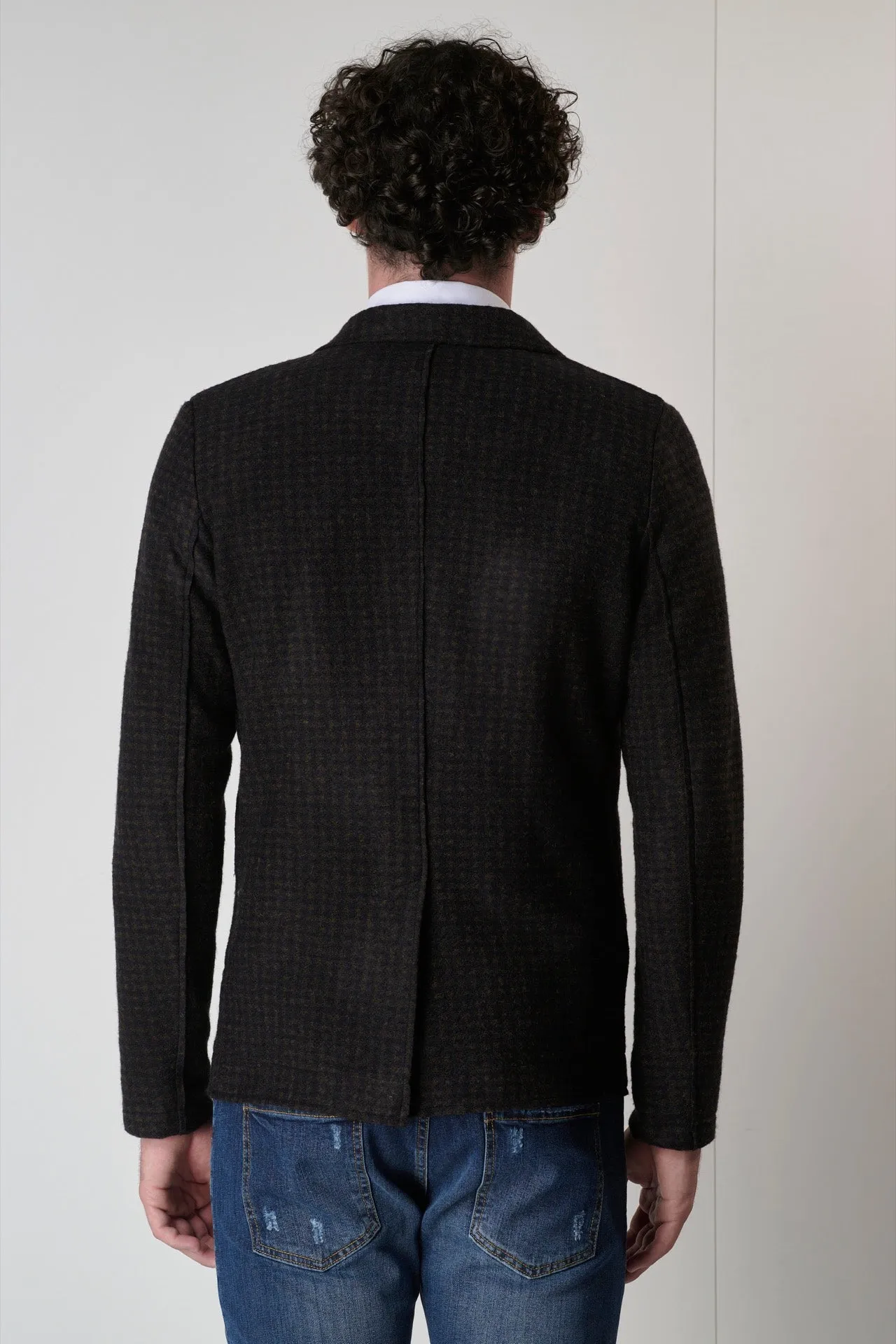 Giacca monopetto Sartoriale in lana quadretto Blu e Moro con pochette in tessuto V2