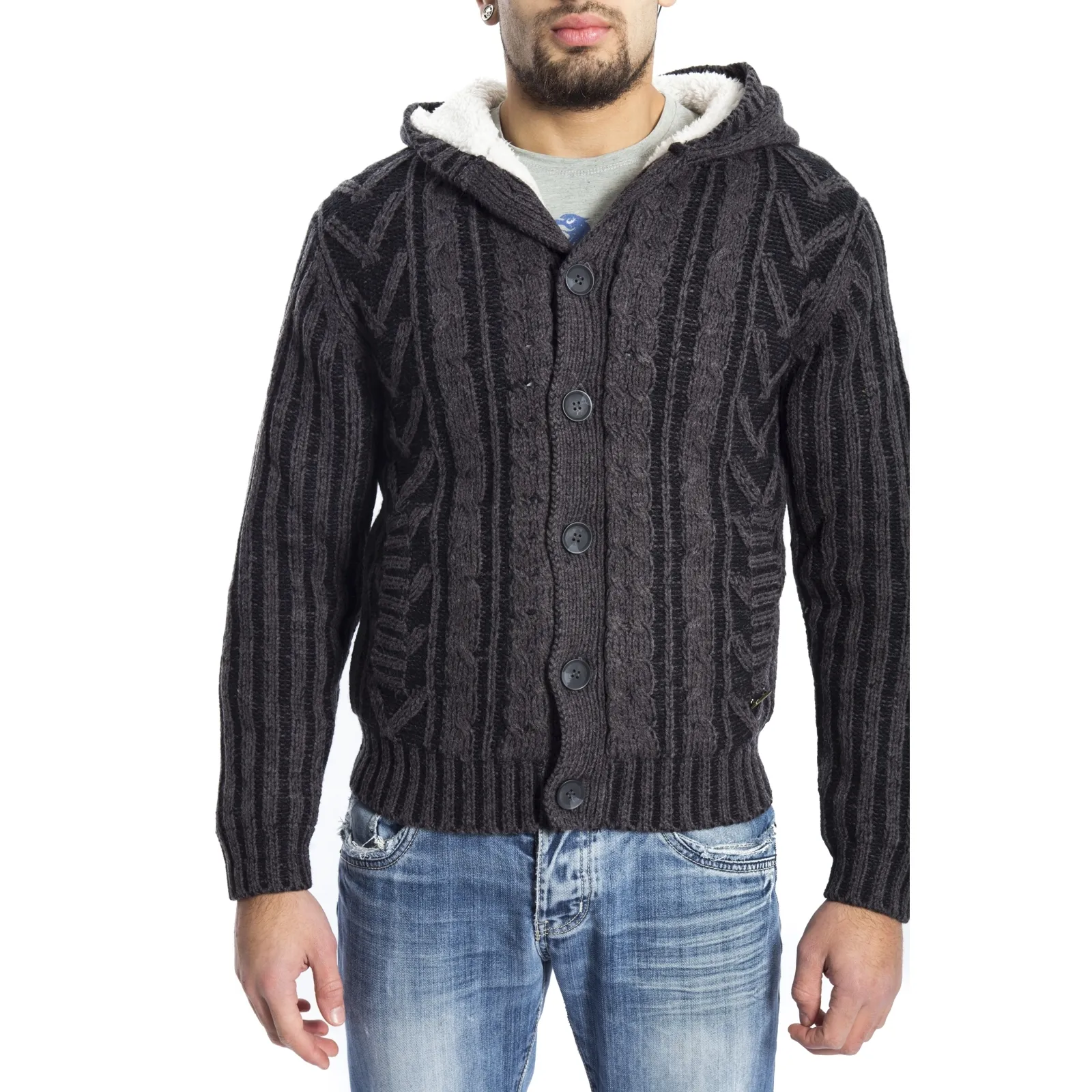 GRAFFIO Maglione/Giacchino con cappuccio e pelliccia interna GRIGIO SCURO/NERO Art. WGU121