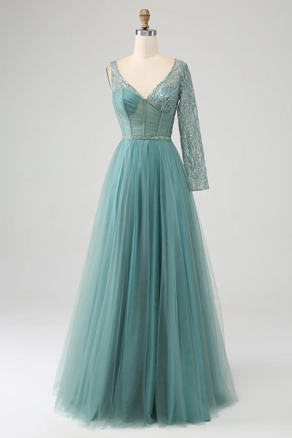 Grigio Verde A-Line Scintillante Paillettes Corsetto Lungo vestito da ballo