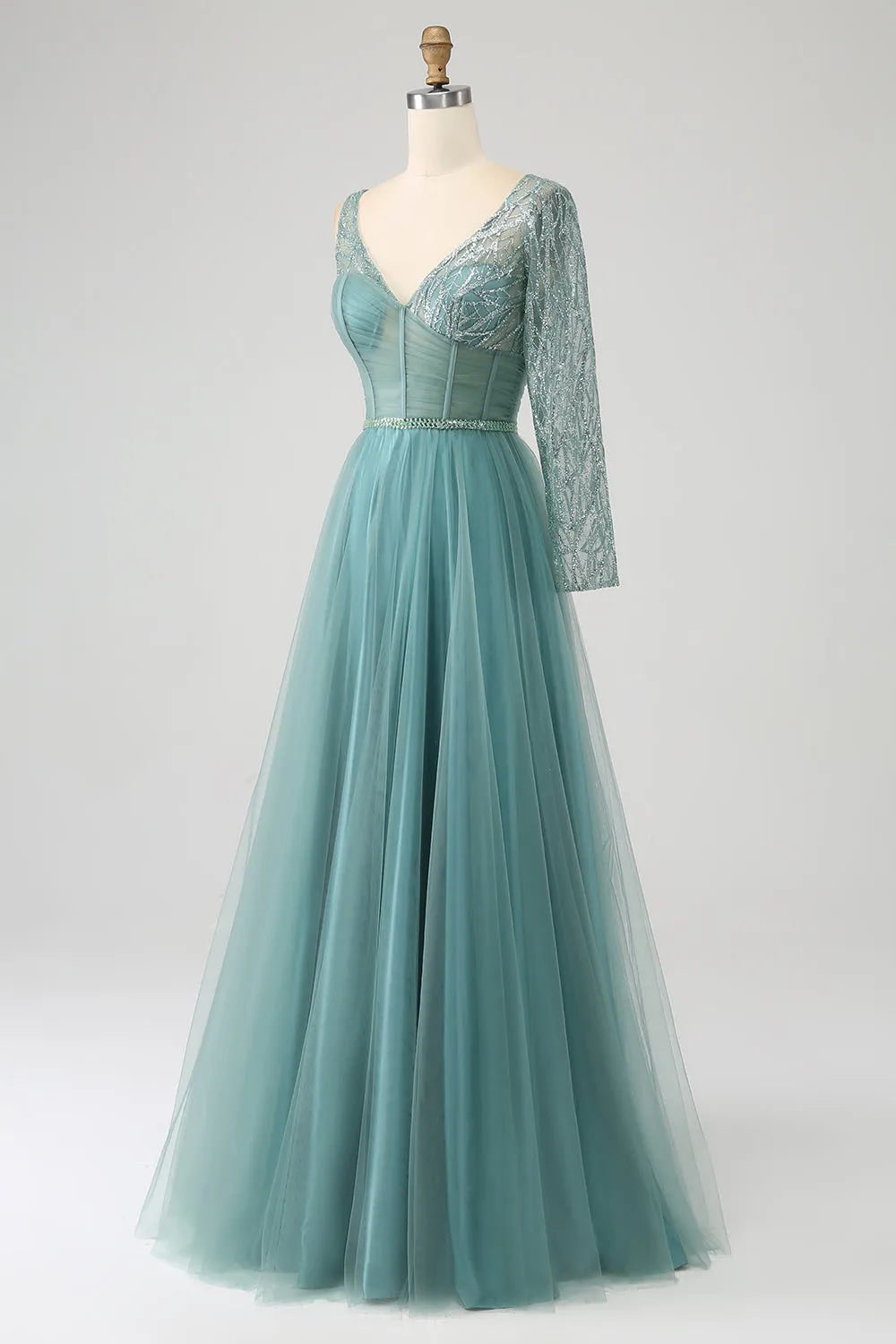 Grigio Verde A-Line Scintillante Paillettes Corsetto Lungo vestito da ballo