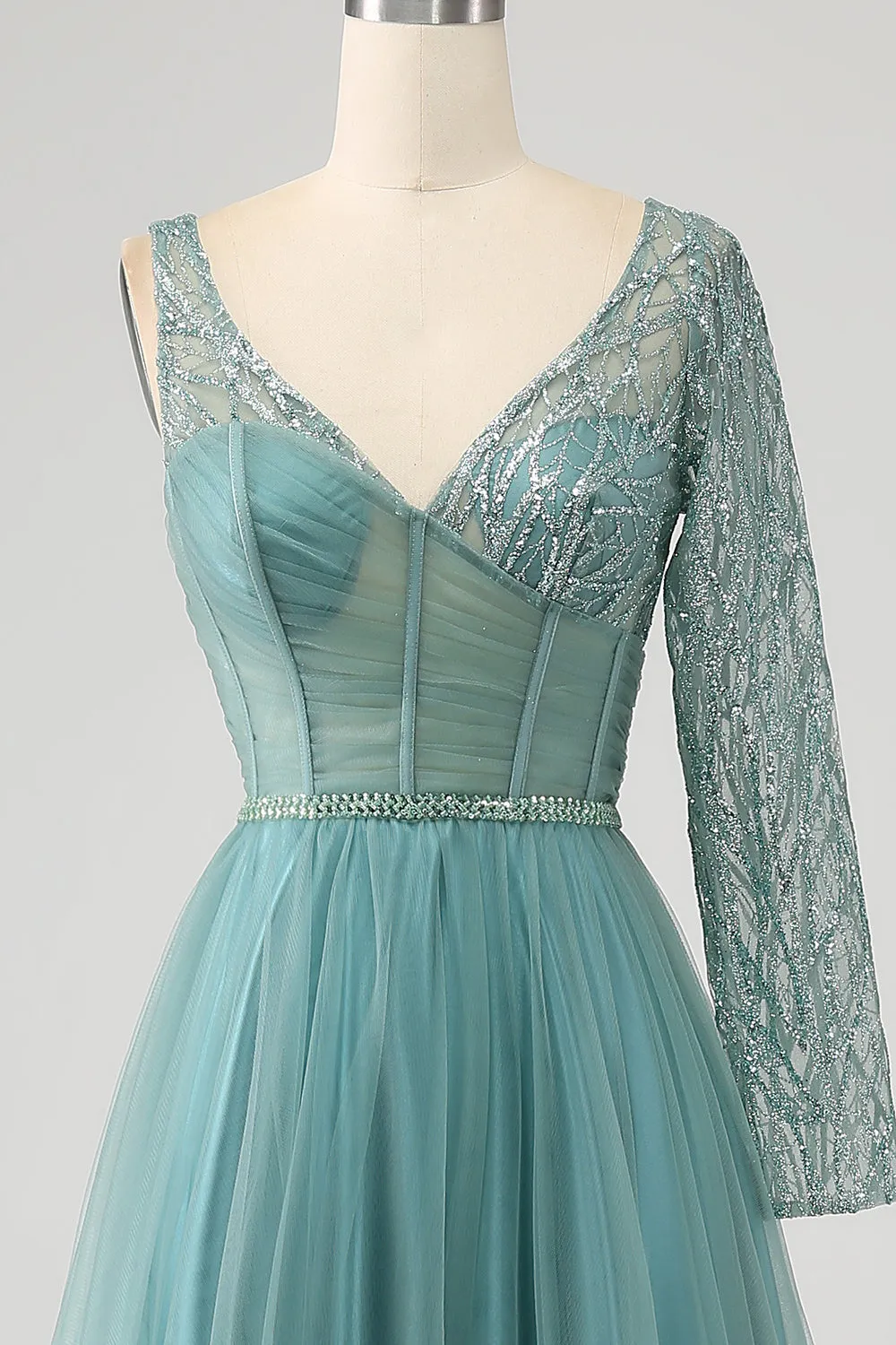 Grigio Verde A-Line Scintillante Paillettes Corsetto Lungo vestito da ballo