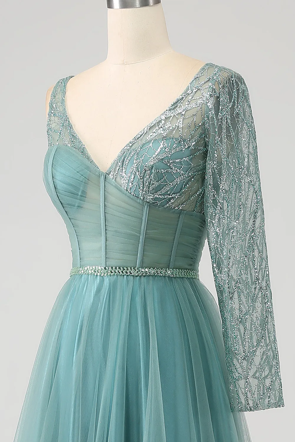 Grigio Verde A-Line Scintillante Paillettes Corsetto Lungo vestito da ballo