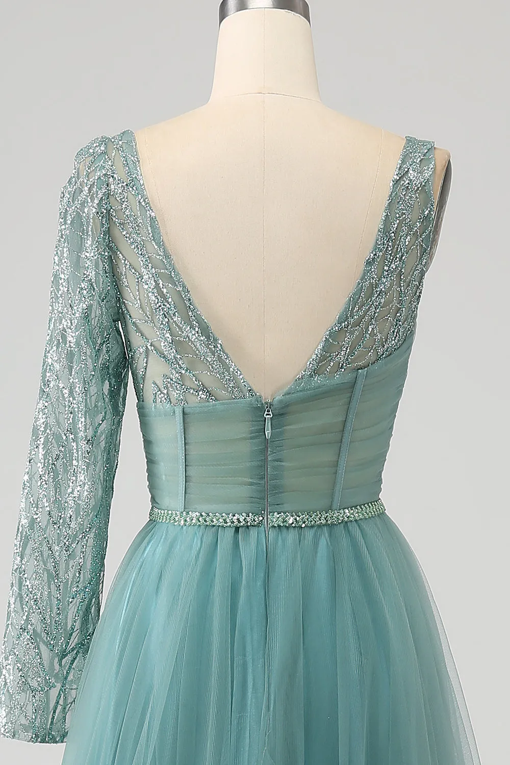 Grigio Verde A-Line Scintillante Paillettes Corsetto Lungo vestito da ballo