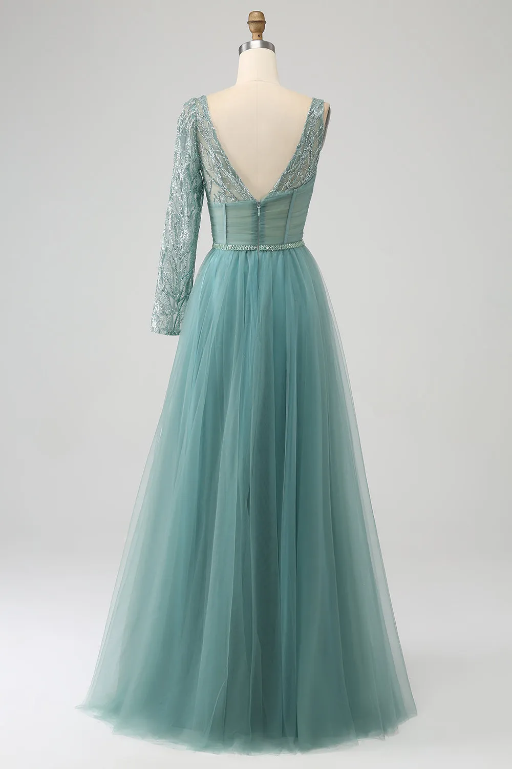 Grigio Verde A-Line Scintillante Paillettes Corsetto Lungo vestito da ballo