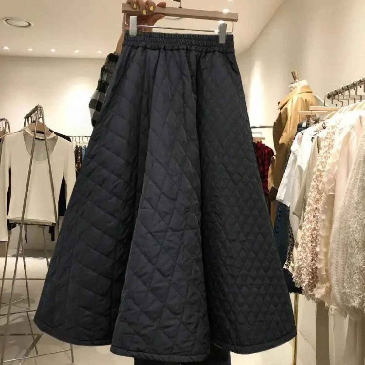 High Elastic Waist Quilted Cotton Jupe Black Skirt  Style Long Skirts Women  Skirt Faldas Mujer Plaid Harajuku Vintag