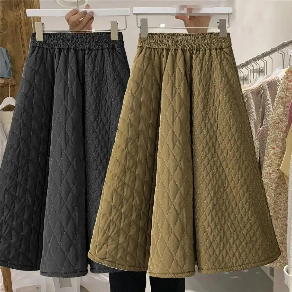 High Elastic Waist Quilted Cotton Jupe Black Skirt  Style Long Skirts Women  Skirt Faldas Mujer Plaid Harajuku Vintag