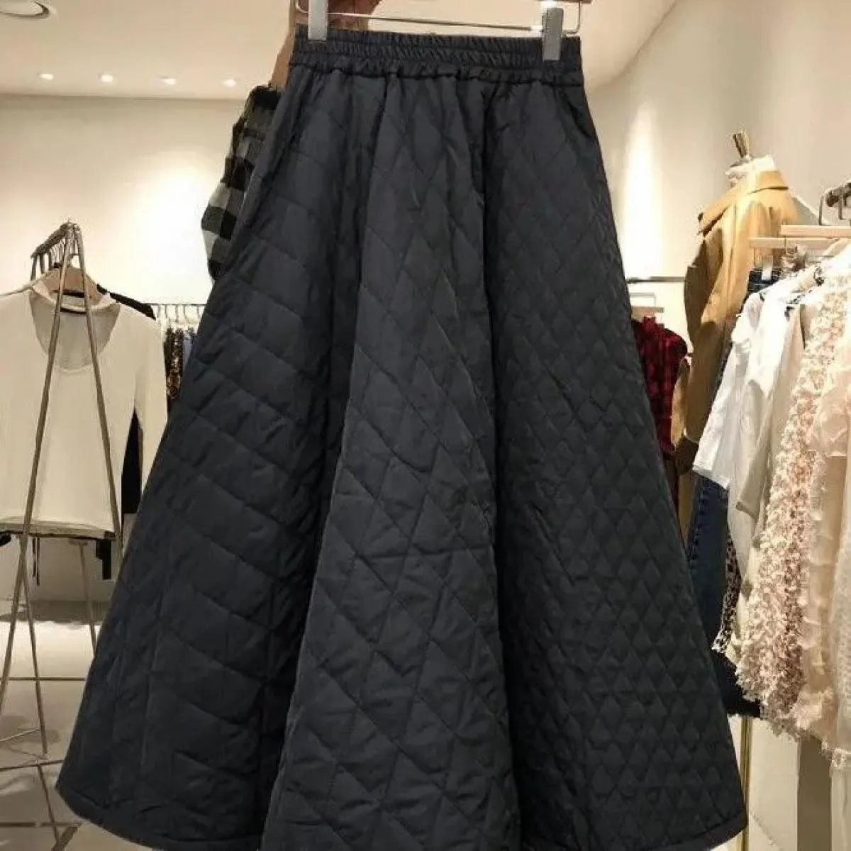High Elastic Waist Quilted Cotton Jupe Black Skirt  Style Long Skirts Women  Skirt Faldas Mujer Plaid Harajuku Vintag