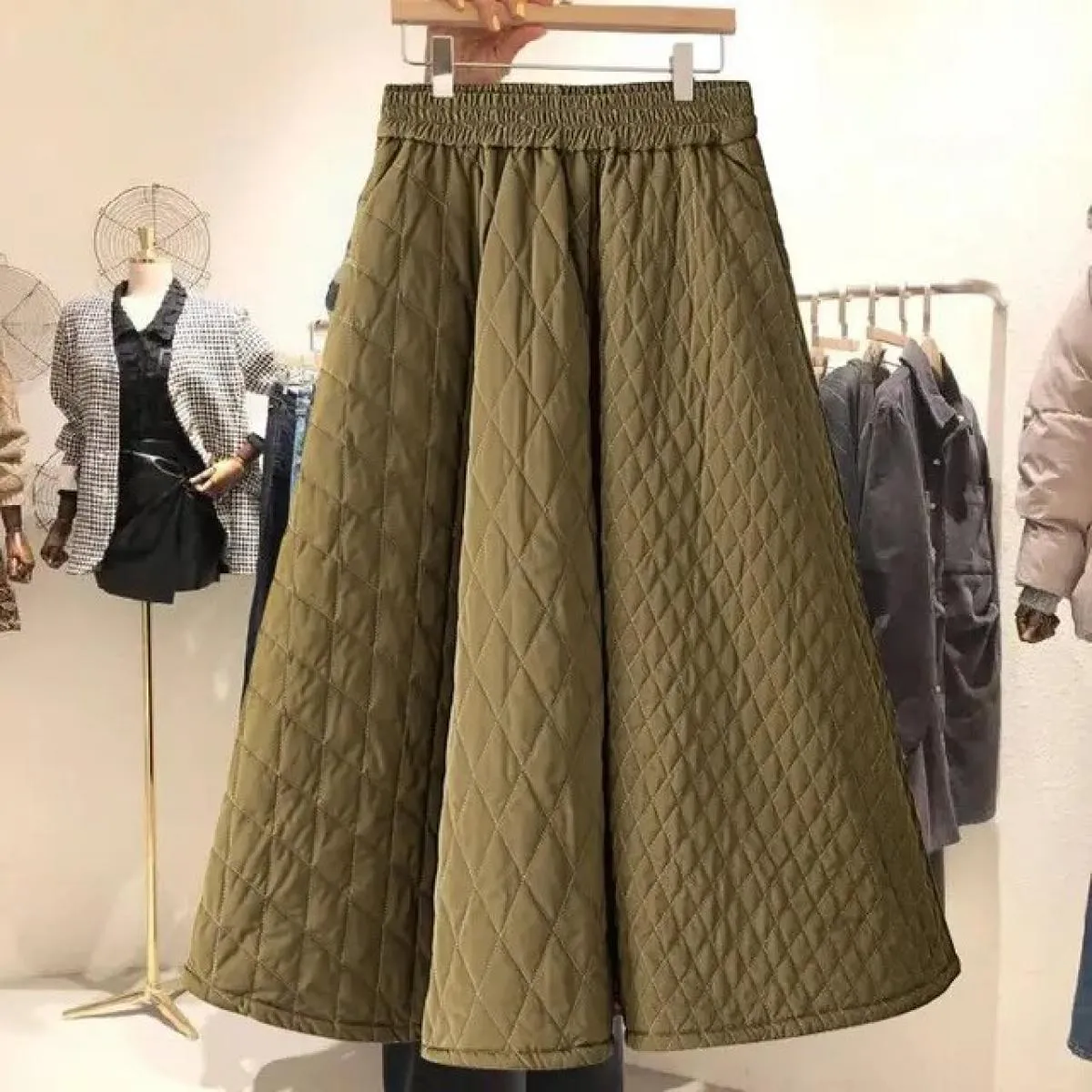 High Elastic Waist Quilted Cotton Jupe Black Skirt  Style Long Skirts Women  Skirt Faldas Mujer Plaid Harajuku Vintag