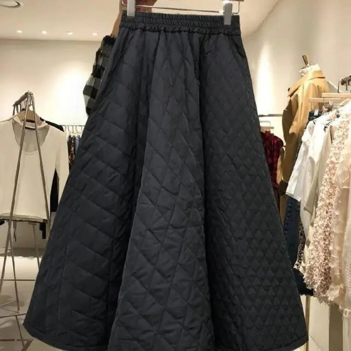 High Elastic Waist Quilted Cotton Jupe Black Skirt  Style Long Skirts Women  Skirt Faldas Mujer Plaid Harajuku Vintag