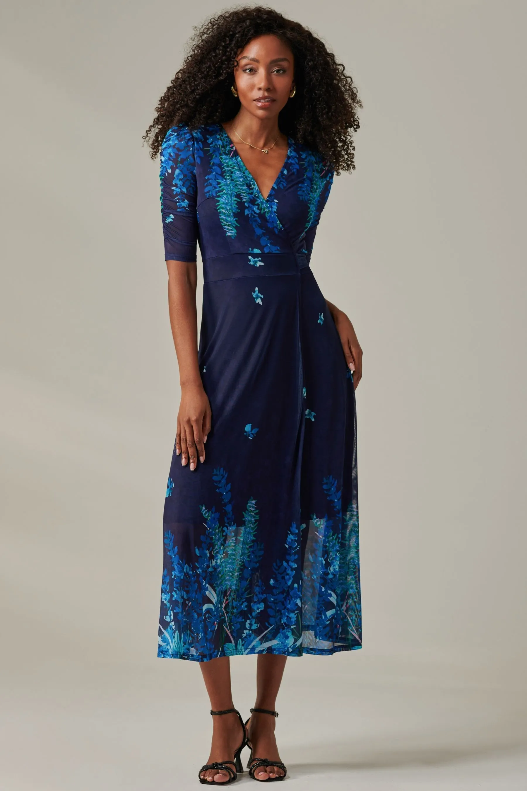 Jolie Moi Stella Floral Print Wrap Mesh Maxi Dress    