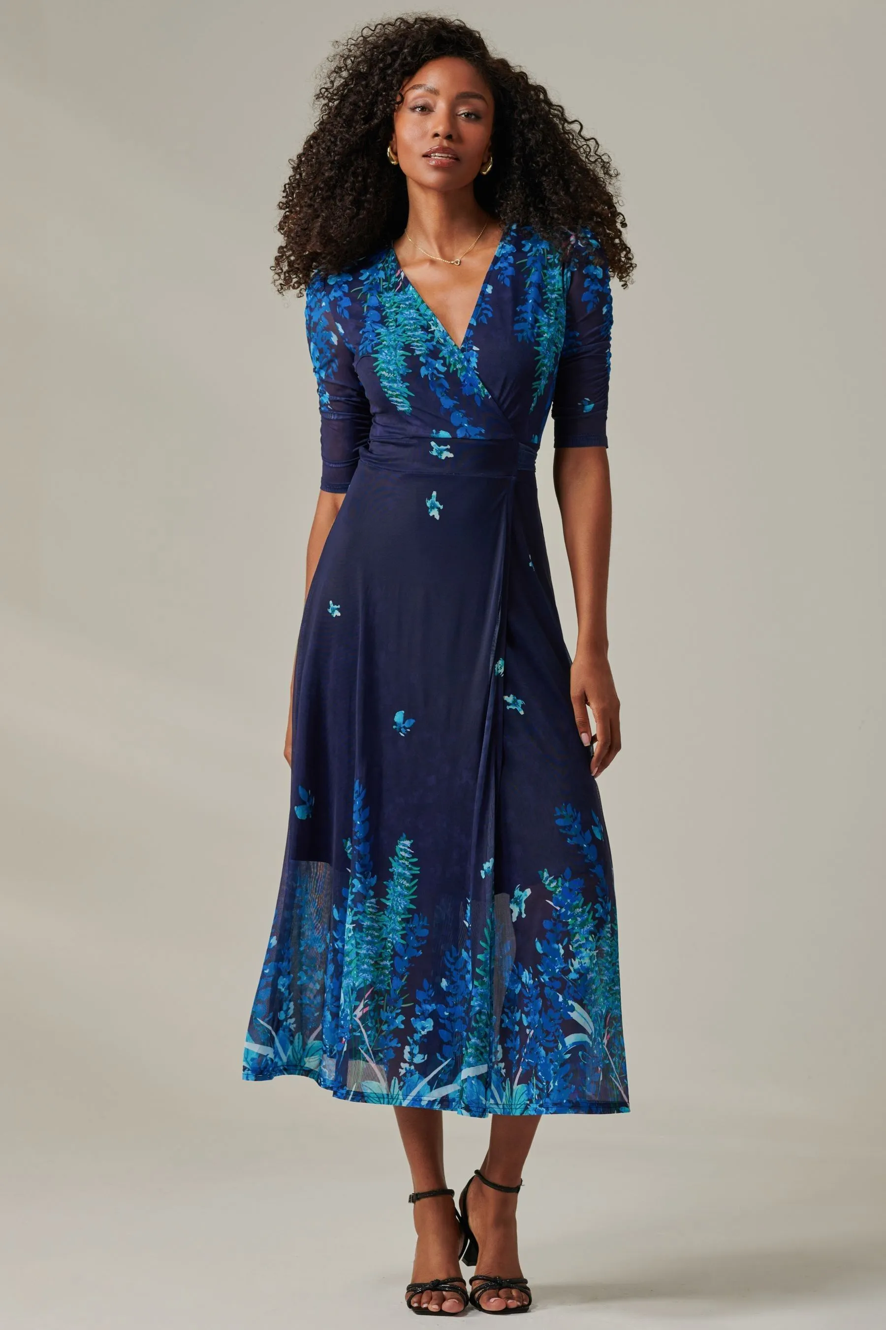 Jolie Moi Stella Floral Print Wrap Mesh Maxi Dress    