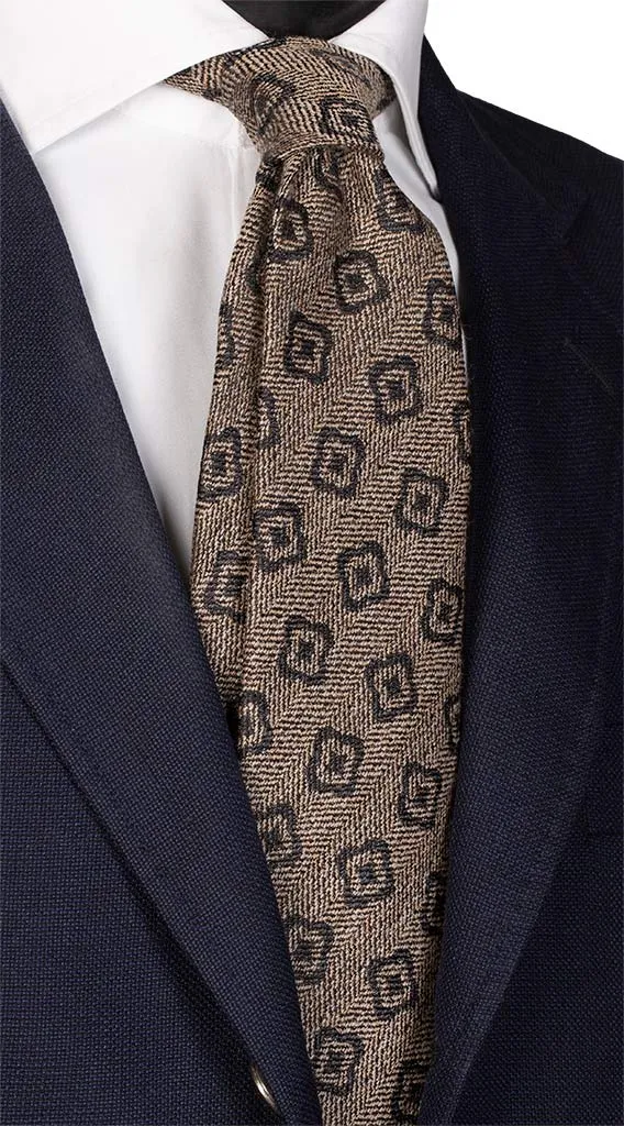 Man Beige Wool Silk Tie Grey Pattern L746