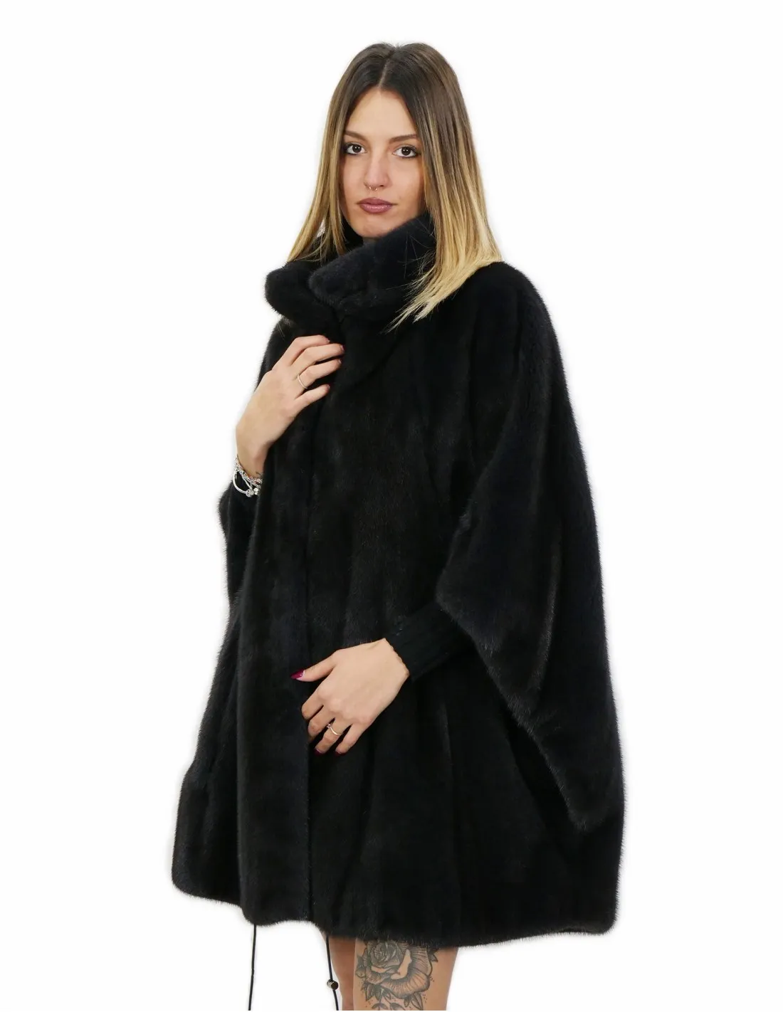 Mantella visone dyed aurora 46 pelle intera cintura abbinata in vita collo pistagna tasche esterne 