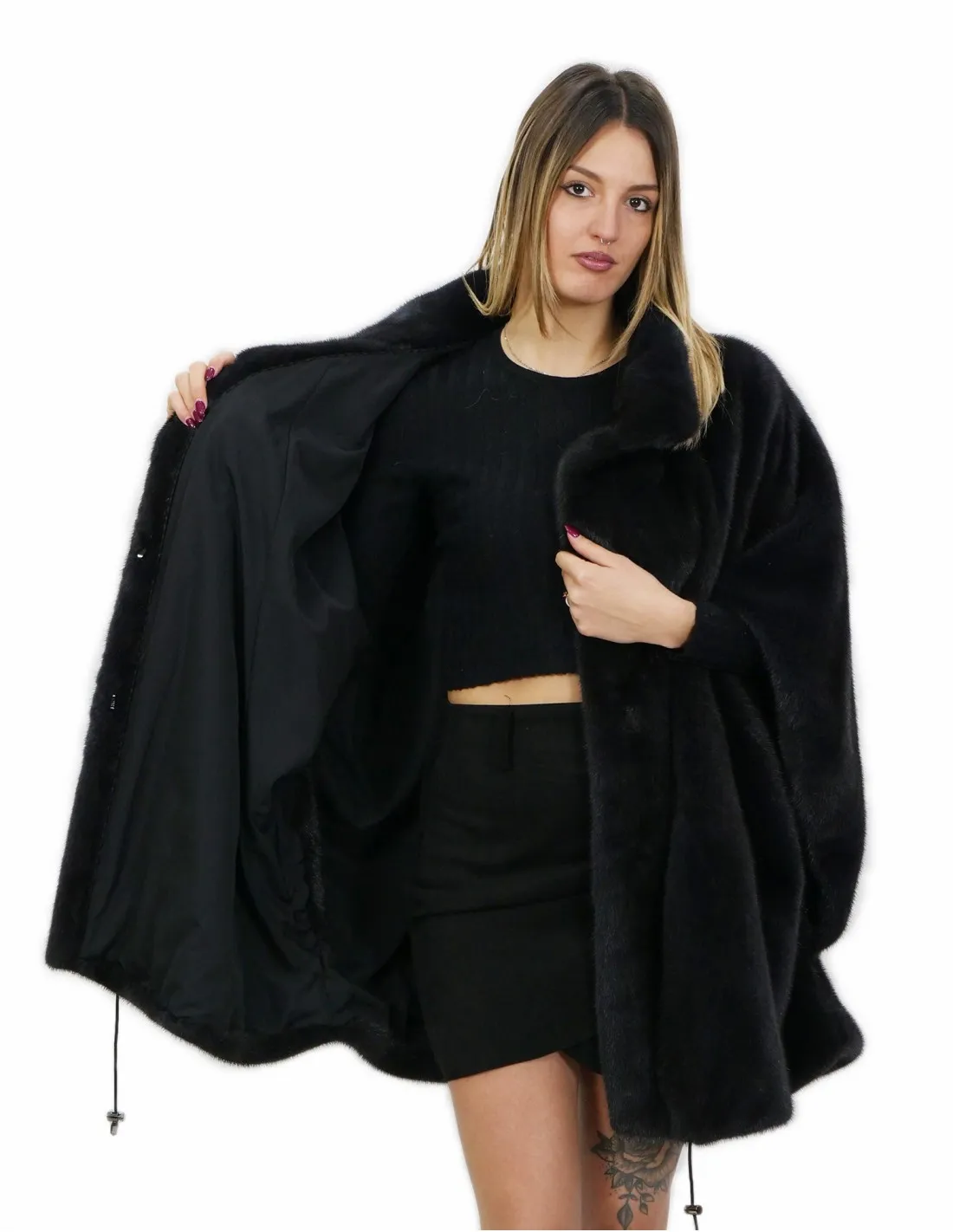 Mantella visone dyed aurora 46 pelle intera cintura abbinata in vita collo pistagna tasche esterne 