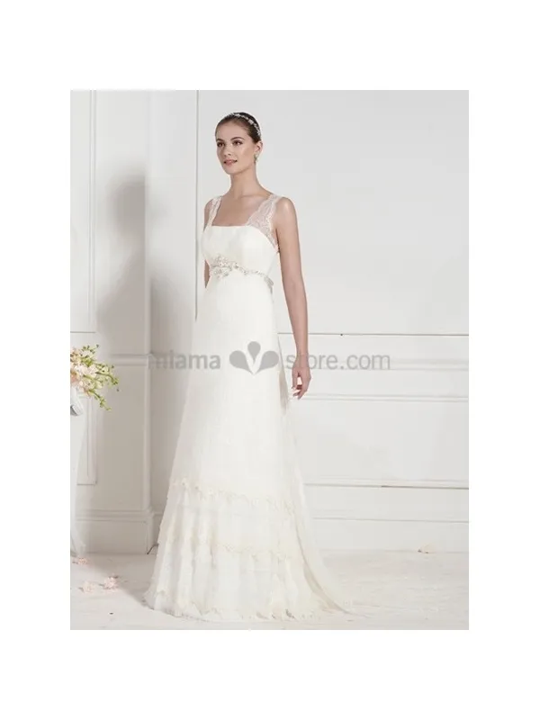 MILICA - Abito da sposa stile impero con bretella in pizzo e cintura gioiello