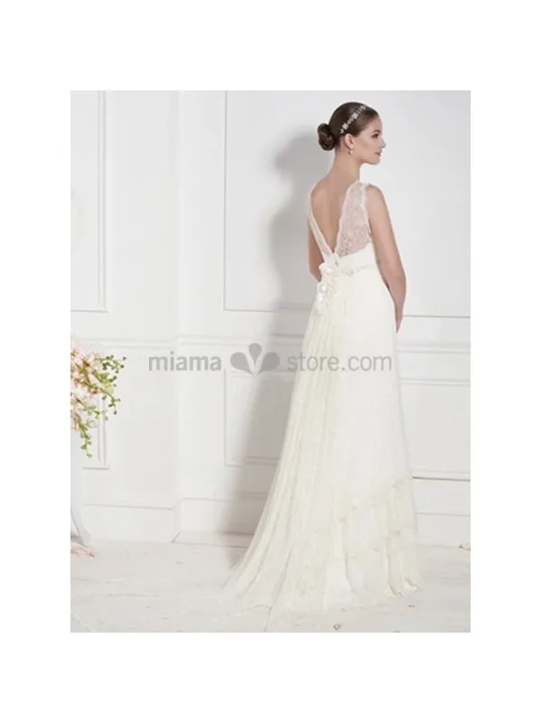 MILICA - Abito da sposa stile impero con bretella in pizzo e cintura gioiello