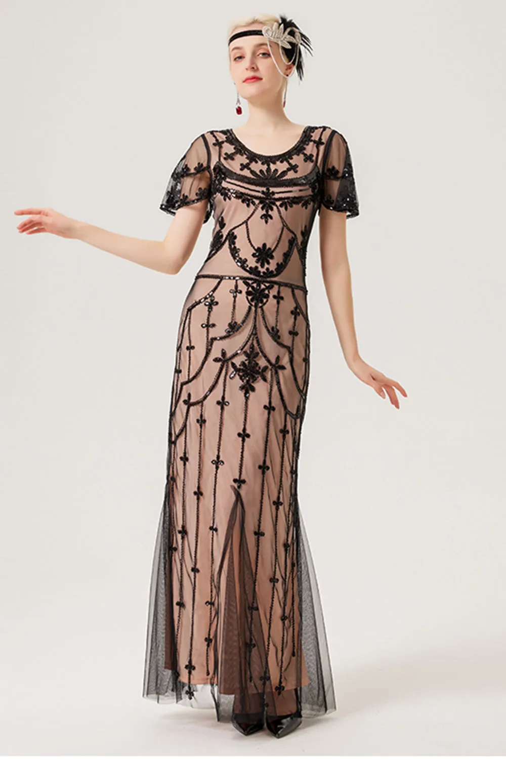 Nero Blush Paillettes Abito Lungo 1920s