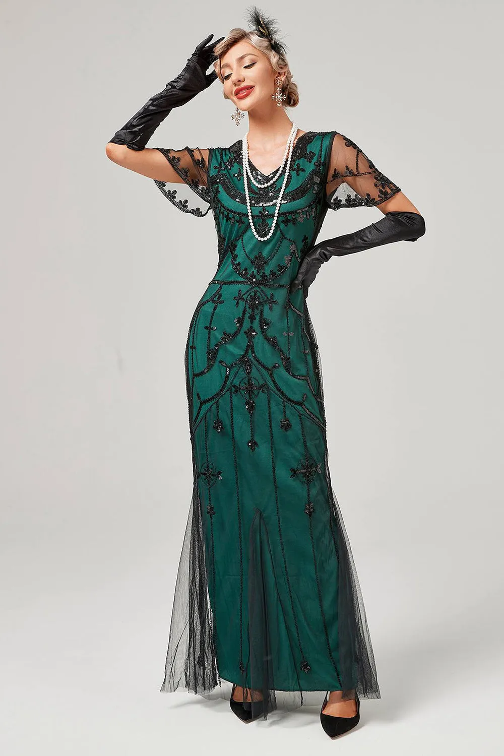 Nero Blush Paillettes Abito Lungo 1920s