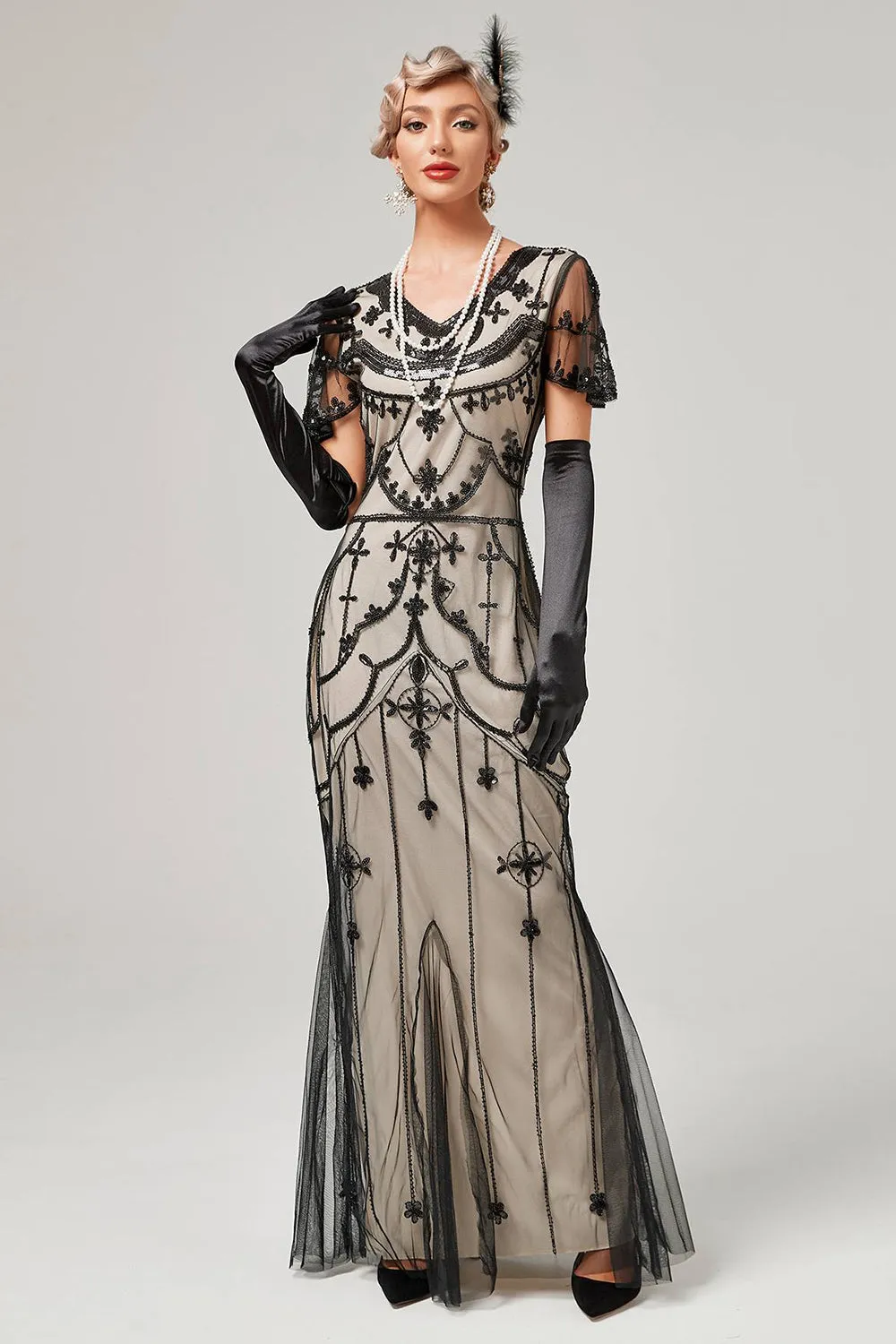 Nero Blush Paillettes Abito Lungo 1920s
