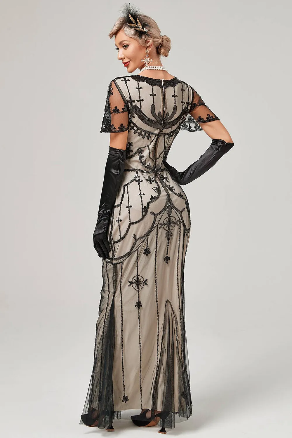 Nero Blush Paillettes Abito Lungo 1920s