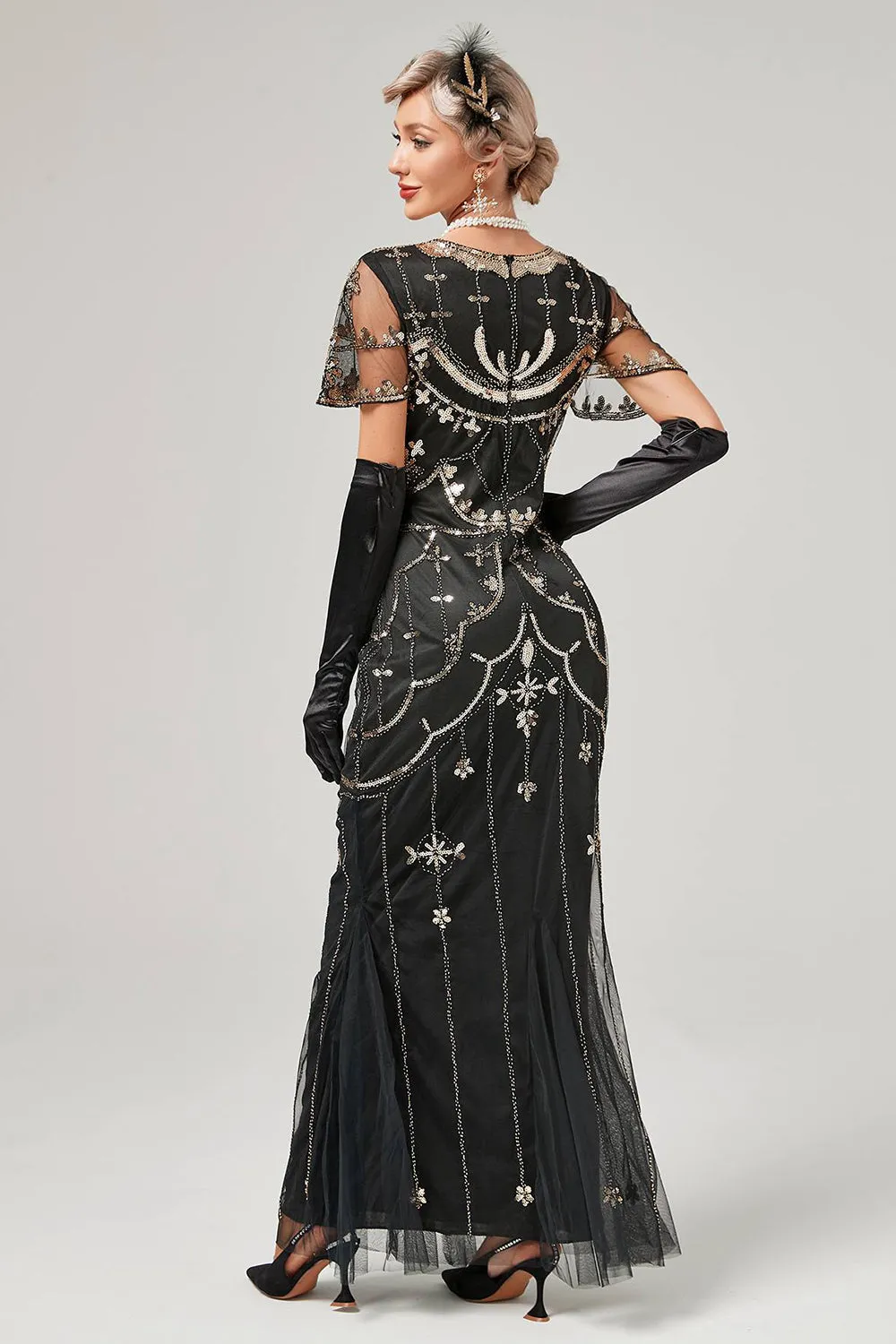 Nero Blush Paillettes Abito Lungo 1920s