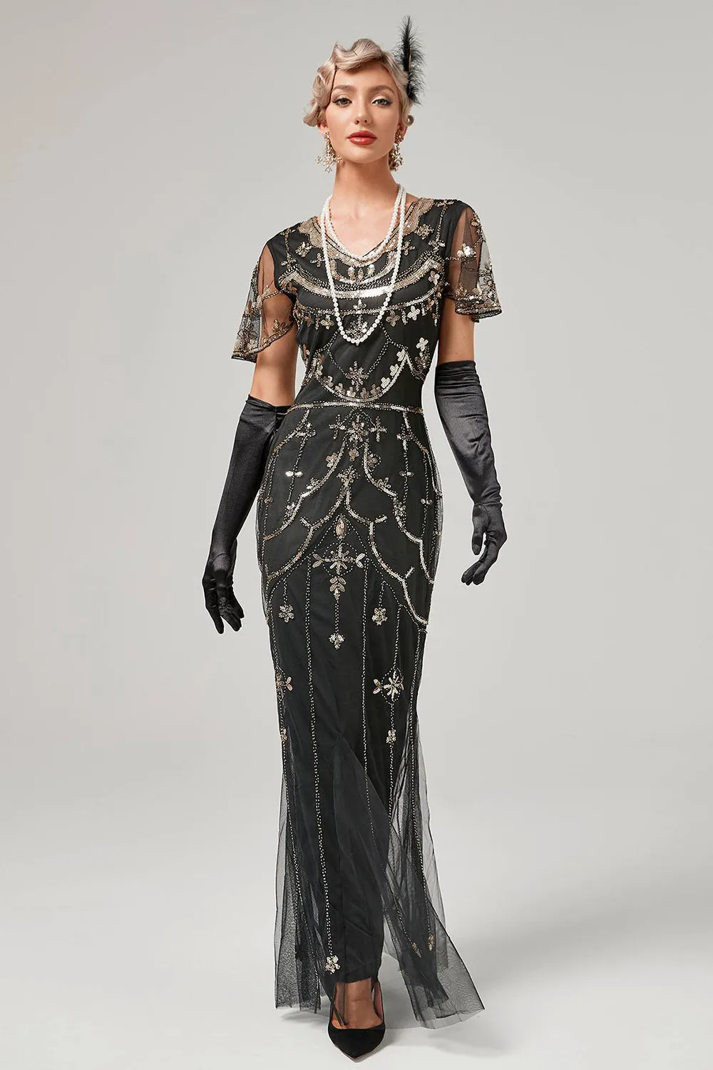 Nero Blush Paillettes Abito Lungo 1920s